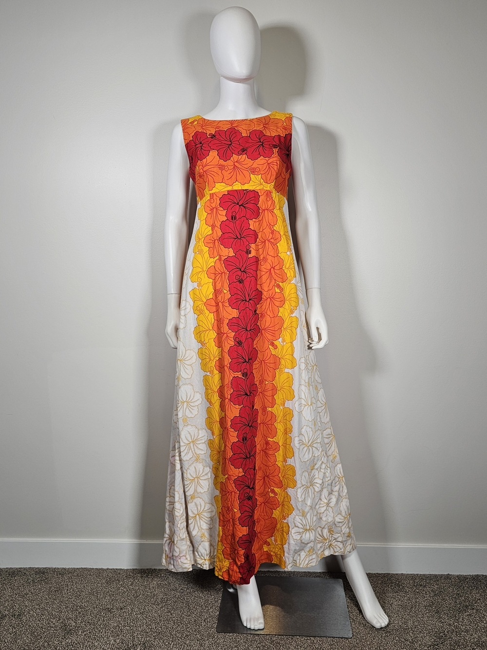 Vintage 1960's UI MAIKAI Sleeveless Floral Maxi Dress Red, Orange & Yellow Sz XS